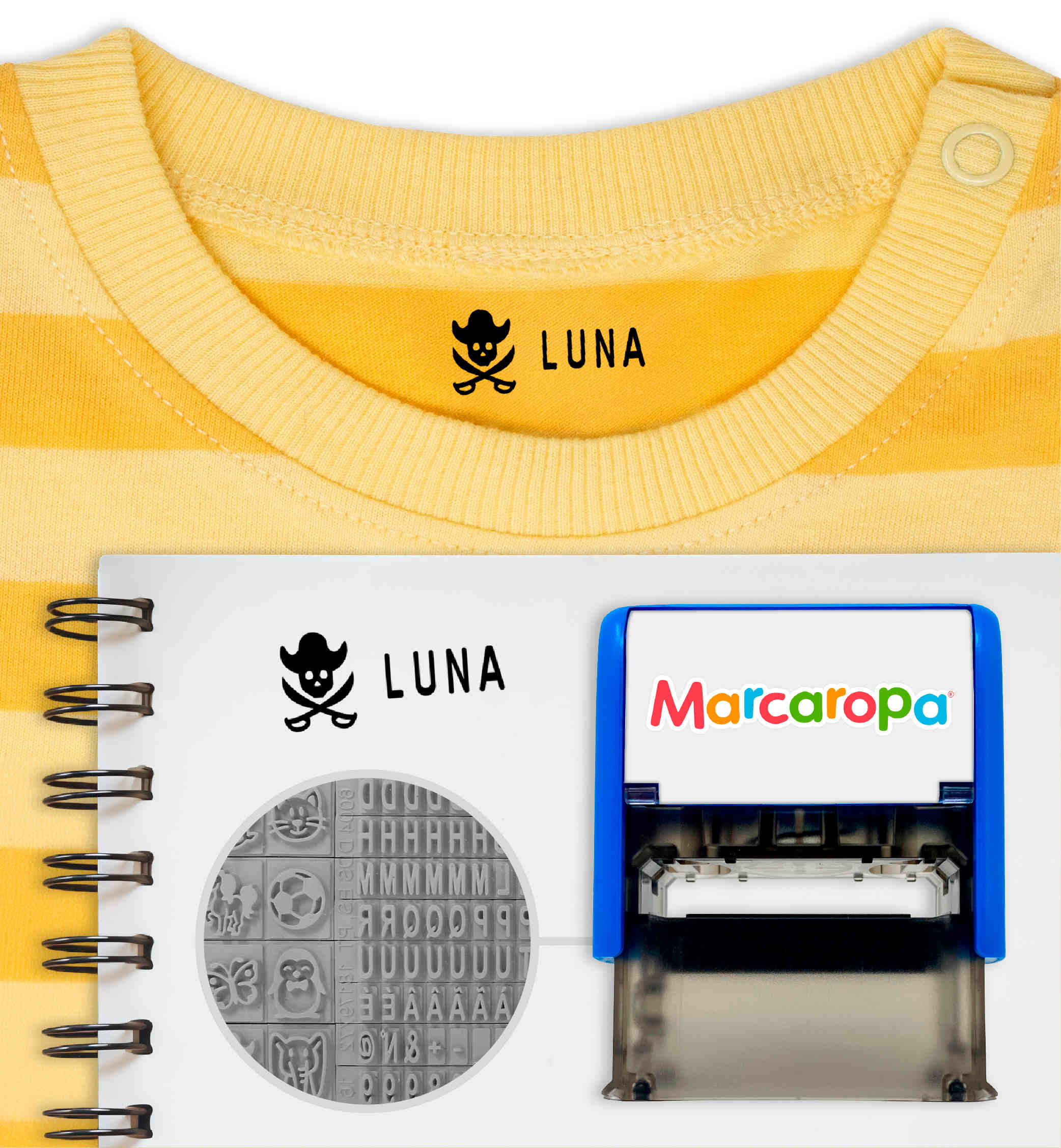 Alphabet stamp for clothes and school supplies